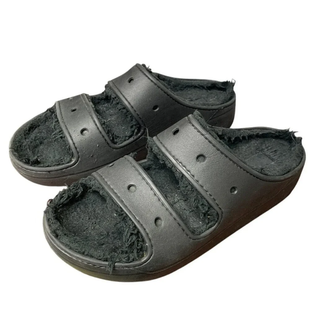 Crocs Mens 11 Womens 13 Black Fuzzy Inside Slide On Classic Cozzzy Sandal Shoes